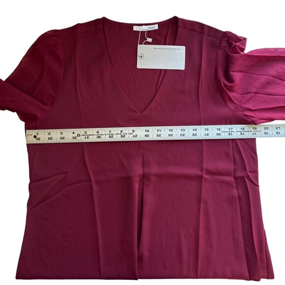 Messic Womens Burgundy V-Neck Blouse With Sheer Polka Dot 3/4 Sleeves Medium - Picture 5 of 9